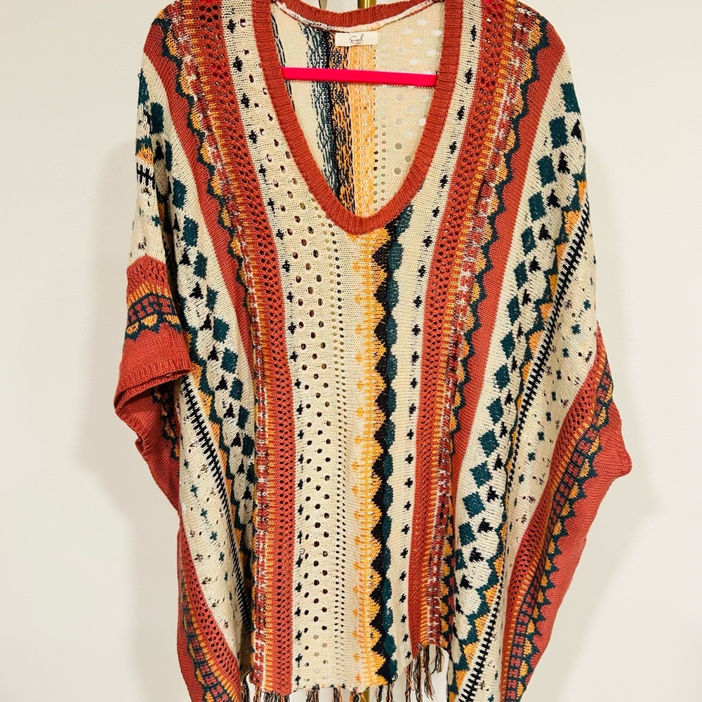 Bohemian Knit Poncho with Fringe